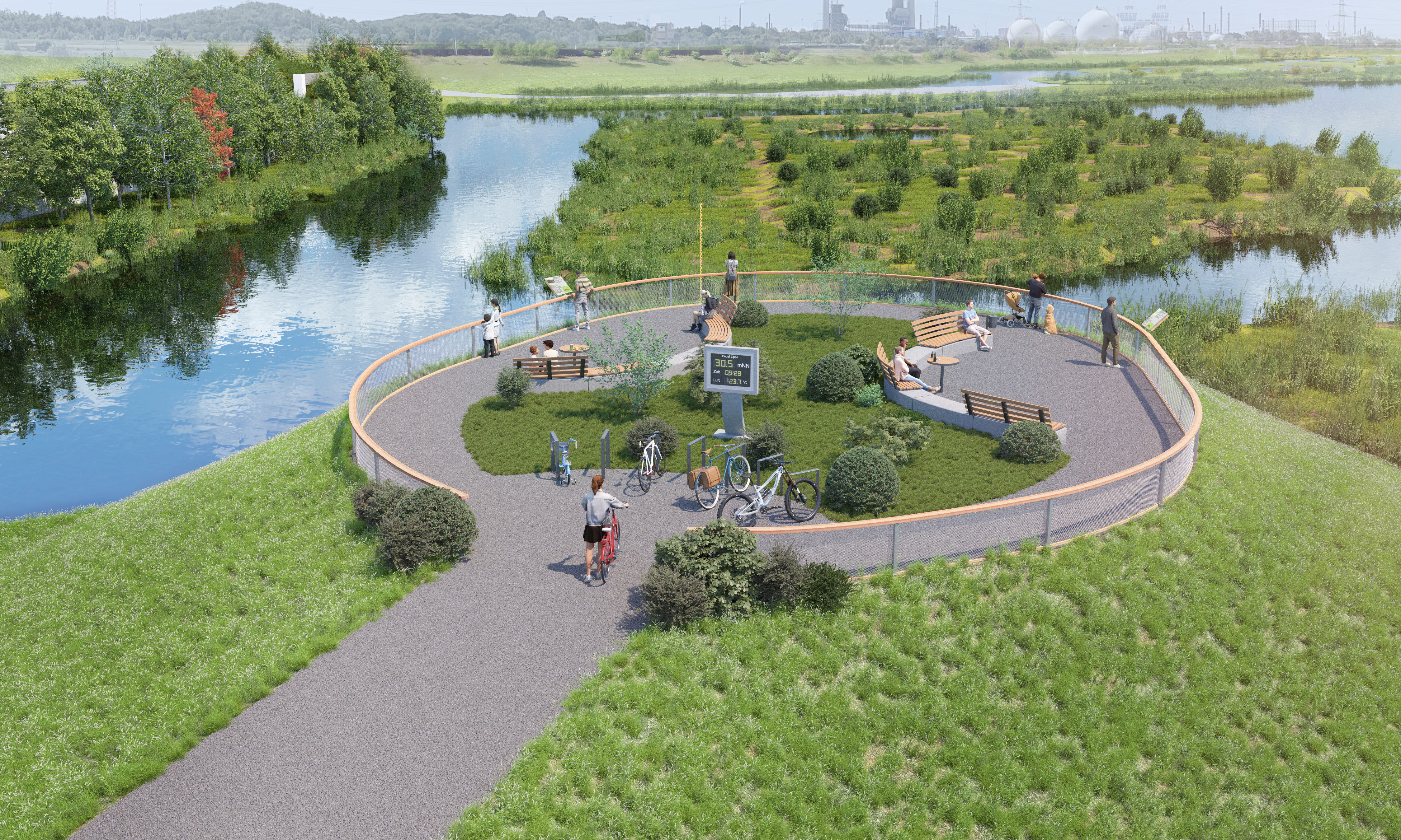 Visualization of a landscaped viewpoint in the Lippe floodplain with benches, bicycle parking and an information panel, surrounded by river and floodplain habitats.